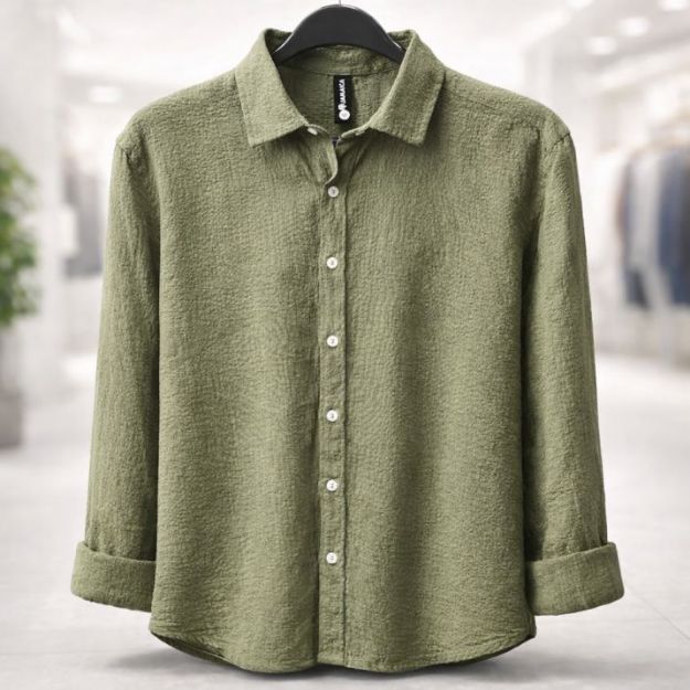 Picture of Men's casual ribbed linen shirt - Light Olive Green