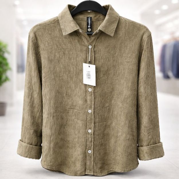 Picture of Men's casual ribbed linen shirt - Dark Olive Green