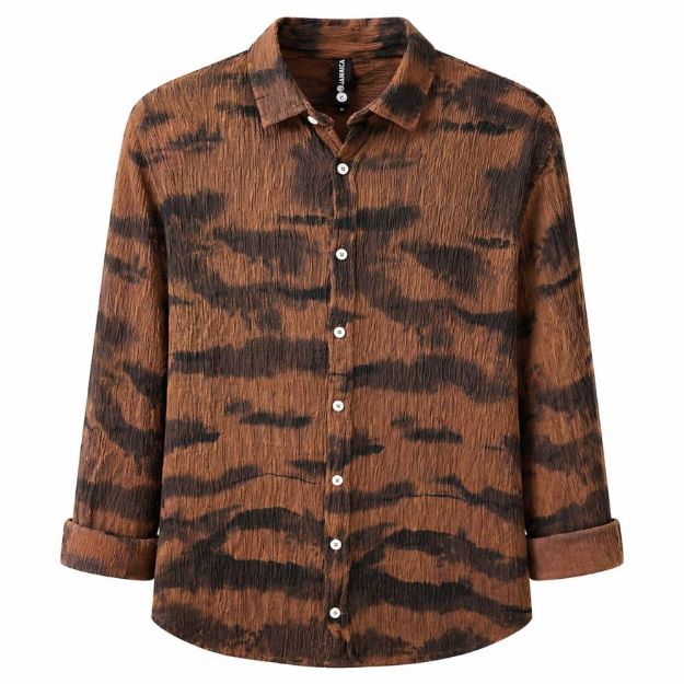 Picture of Men's casual ribbed linen shirt - Brown patterned with dark black