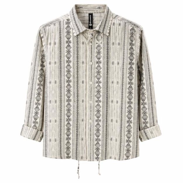 Picture of Men's Casual Ribbed Linen Shirt - Cream with Black Plaid